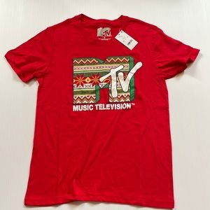 MTV Music Television red, white, green & yellow holiday t-shirt. Women’s Medium